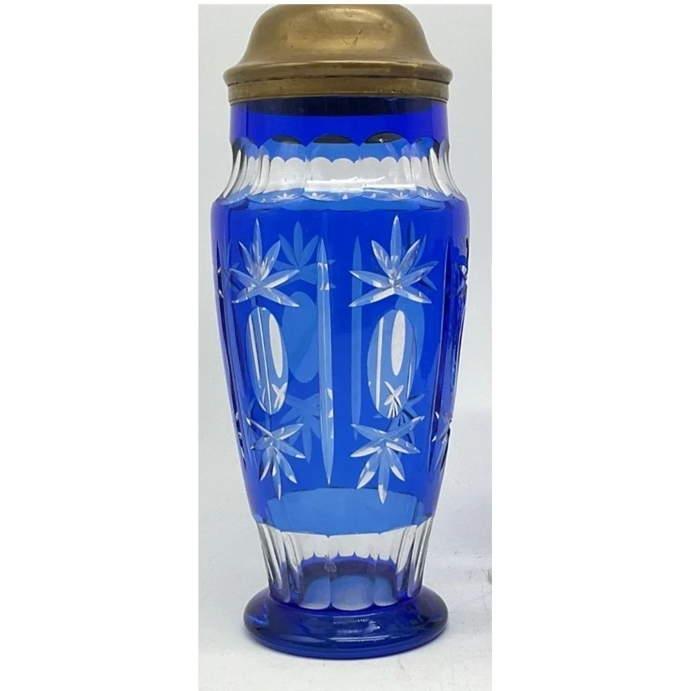 Vintage Cocktail Shaker Czech Cut to Clear Bohemian Art Glass Cobalt 10.5